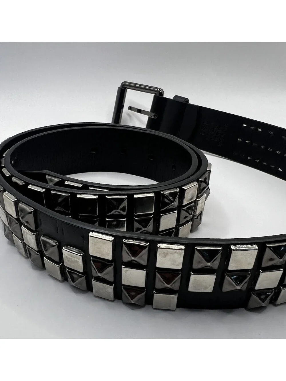 Punk Rock Black Leather Studded Belt | Gunmetal Square Pyramid Studs L/XL